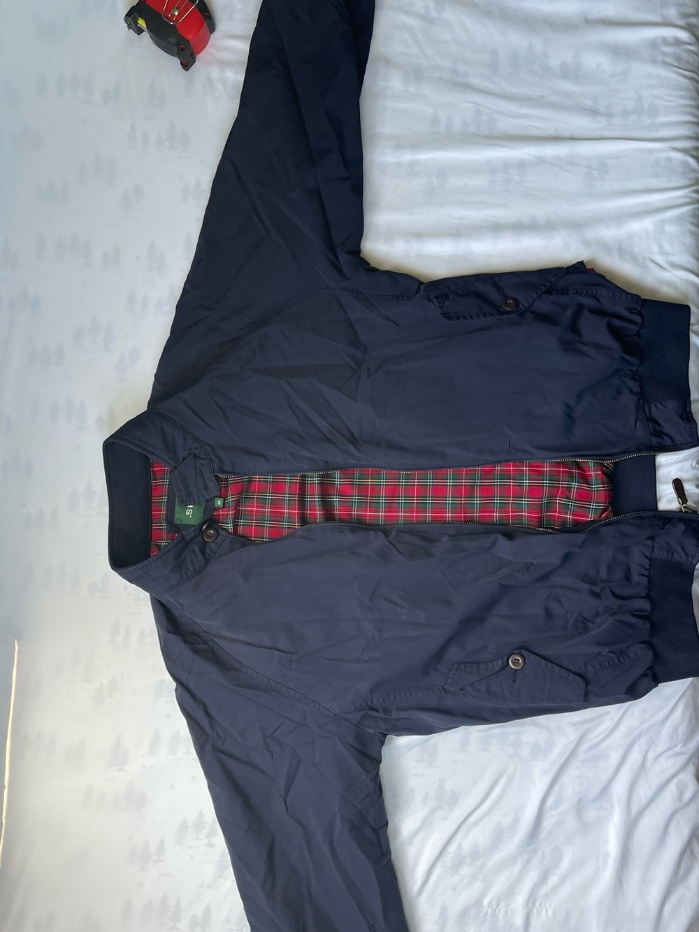 Light weight Orvis Navy Bomber Jacket with Red Tartan Lining